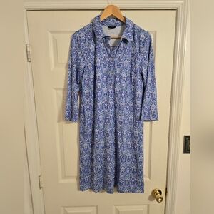 Talbots Blue and White Button Polo Collar Midi Dress Size Medium